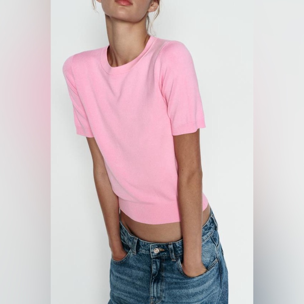 Zara Plain Knit Basic Top in Pink. Size Medium.